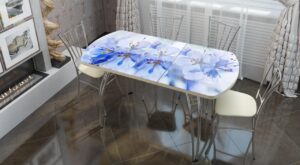 Стол раздвижной со стеклом В (Голубые цветы))